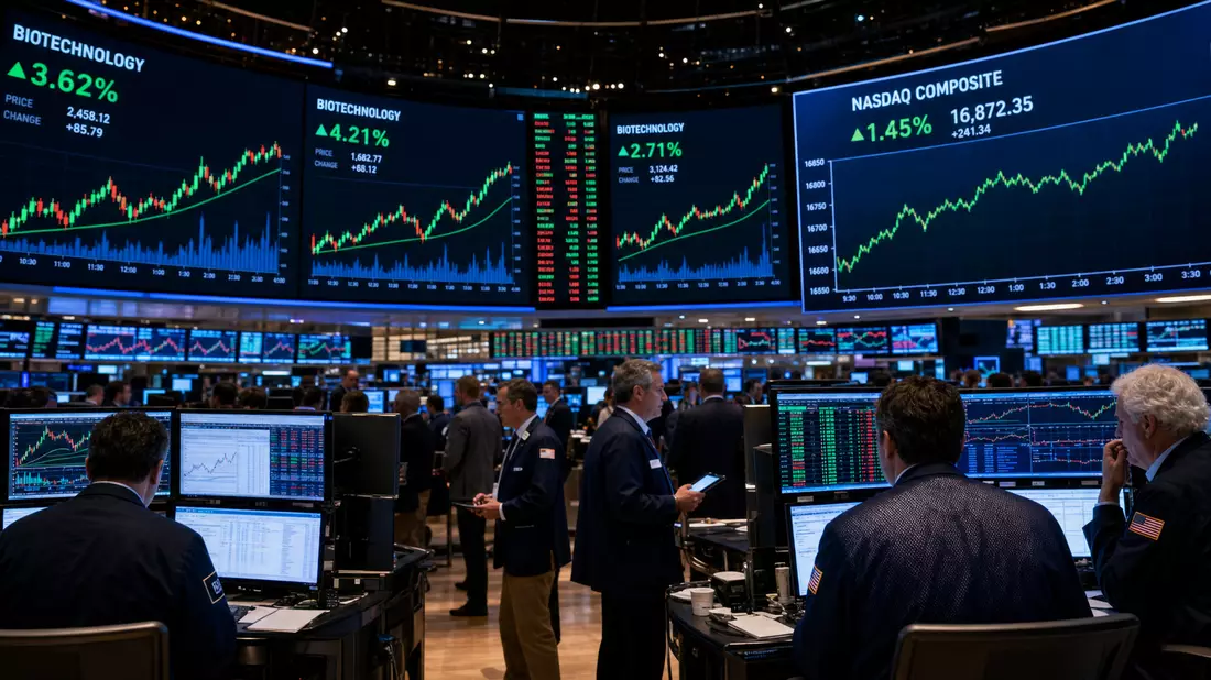 NASDAQ Handelssaal mit Biotech-Charts und Tradern für Gilead Sciences Aktie US3755581036
