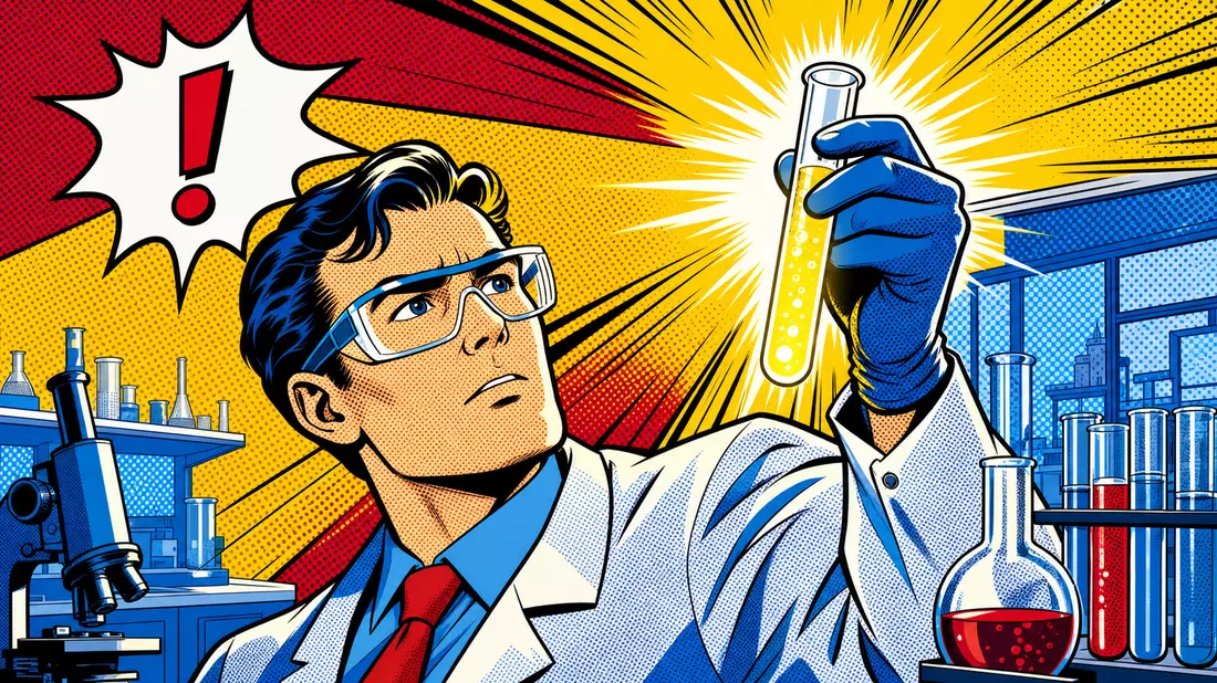 Pop-Art-Comic Gilead Sciences Forscher hält leuchtendes Reagenzglas im Biopharma-Labor