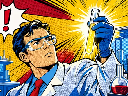 Gilead Sciences Pop-Art-Comic ISIN US3755581036 Wissenschaftler hält leuchtendes Reagenzglas Halbton Laborentdeckung bunt - Foto: THN