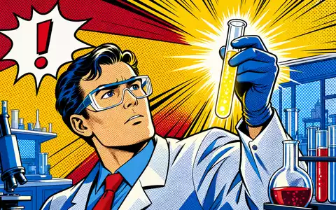 Gilead Sciences Pop-Art-Comic ISIN US3755581036 Wissenschaftler hält leuchtendes Reagenzglas Halbton Laborentdeckung bunt - Foto: THN