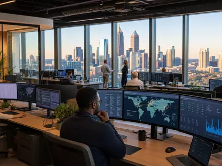 Global Payments US37940X1028 zeigt ein modernes Fintech Büro mit Monitoren und Atlanta Stadtpanorama - Foto: THN