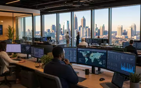 Global Payments US37940X1028 zeigt ein modernes Fintech Büro mit Monitoren und Atlanta Stadtpanorama - Foto: THN
