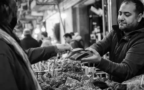 Global Payments US37940X1028 dokumentarische Schwarzweiß Reportage einer kontaktlosen Kartenzahlung am städtischen Marktstand - Foto: THN
