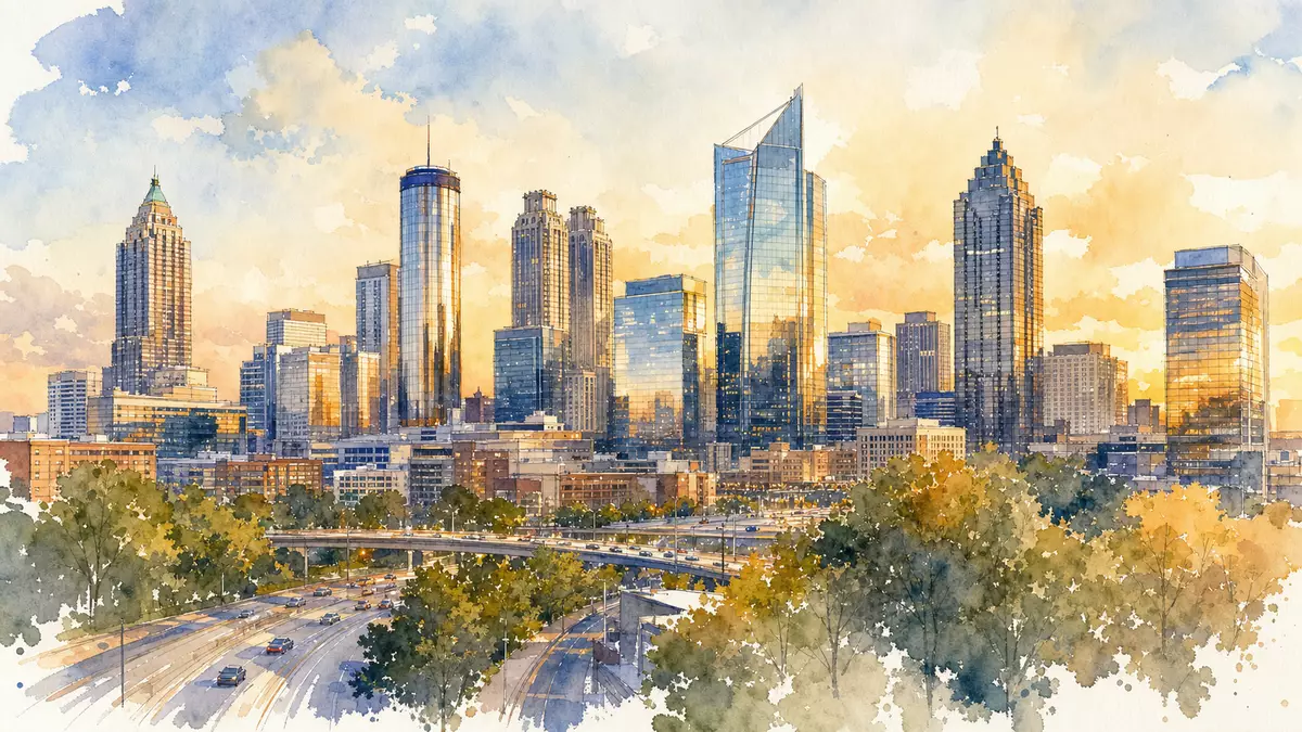 Atlanta Skyline in Aquarell-Optik mit warmen Farben im Abendlicht, Global Payments US37940X1028
