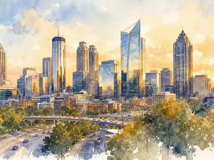 Global Payments US37940X1028 als Aquarell der Atlanta Skyline im warmen goldenen Abendlicht gemalt - Foto: THN