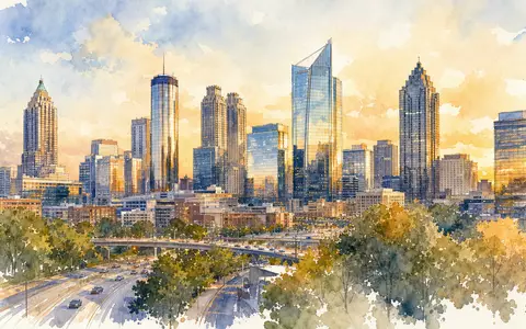 Global Payments US37940X1028 als Aquarell der Atlanta Skyline im warmen goldenen Abendlicht gemalt - Foto: THN