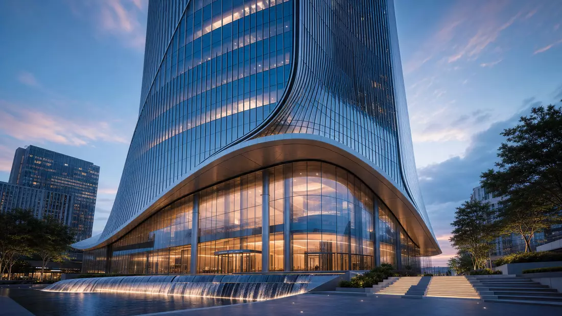 Modernes Glas-Stahl-Hochhaus mit Wasserfeature, CGI-Architekturrender, Global Payments US37940X1028