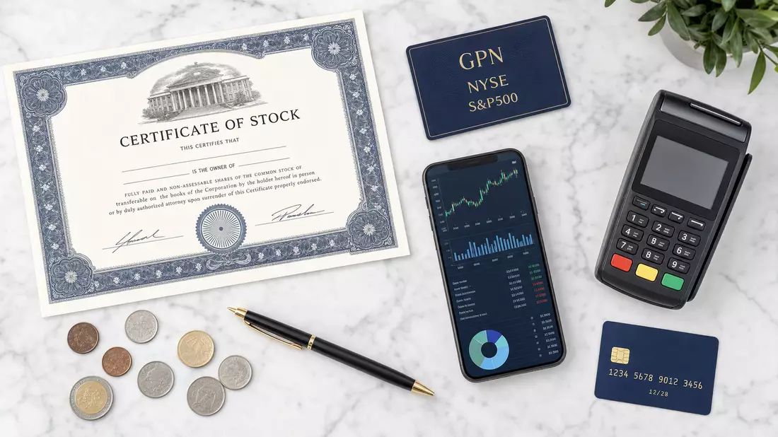 Flatlay Aktienzertifikat GPN NYSE Karte und Zahlungsterminal auf Marmor, Global Payments US37940X1028