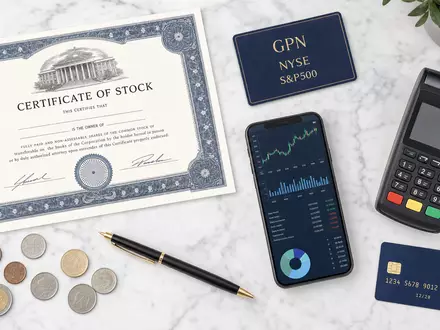 Global Payments US37940X1028 Flatlay mit Aktienzertifikat ISIN Karte GPN NYSE und Zahlungsterminal - Foto: THN