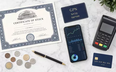 Global Payments US37940X1028 Flatlay mit Aktienzertifikat ISIN Karte GPN NYSE und Zahlungsterminal - Foto: THN