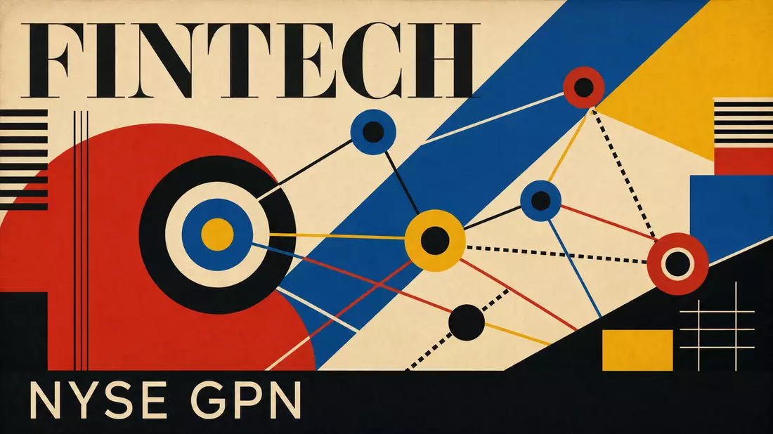 Bauhaus-Poster FINTECH mit geometrischem Netzwerk in Primärfarben, NYSE GPN, Global Payments US37940X1028