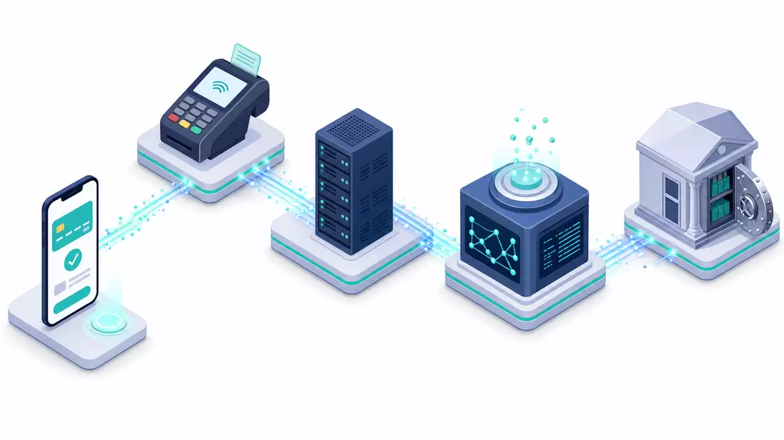 Isometrisches 3D-Diagramm Zahlungswertschöpfungskette Terminal Server Bank Smartphone, Global Payments US37940X1028