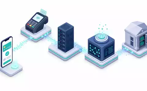 Global Payments US37940X1028 isometrisches 3D Diagramm der digitalen Zahlungs Wertschöpfungskette mit Datenpfaden - Foto: THN