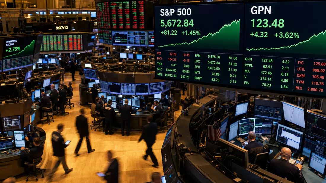 NYSE Trading-Floor mit GPN und S&P 500 Börsenanzeigen und Händlern in Aktion, Global Payments US37940X1028
