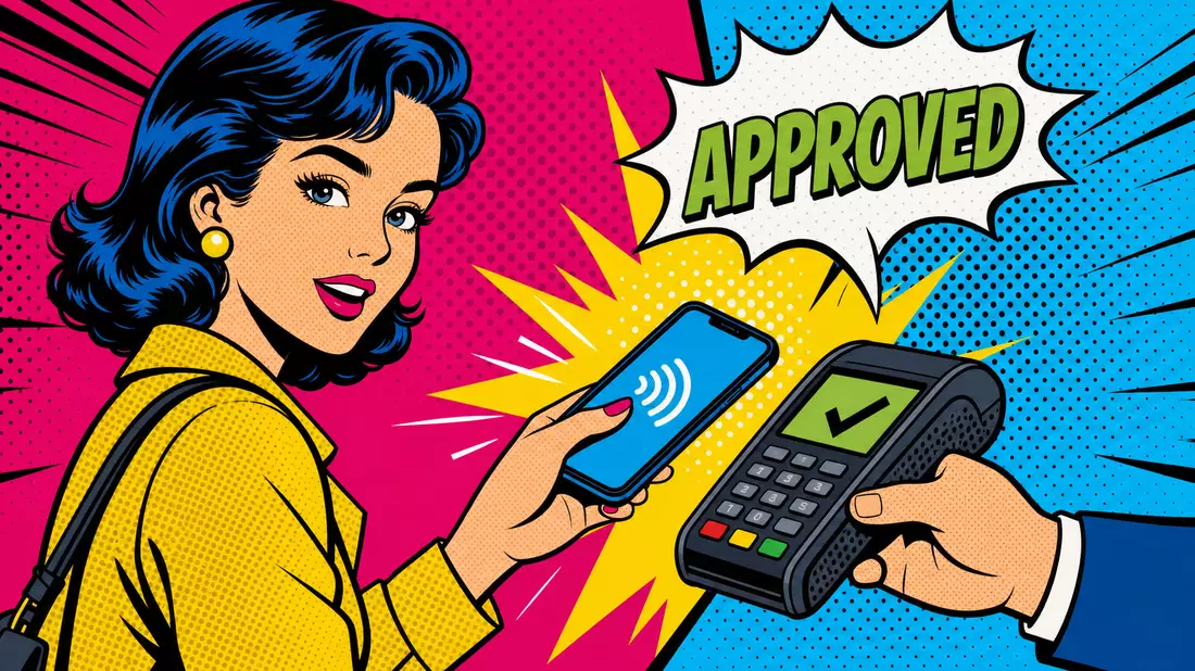 Pop-Art-Comic kontaktlose Smartphone-Zahlung am Terminal mit APPROVED-Sprechblase, Global Payments US37940X1028