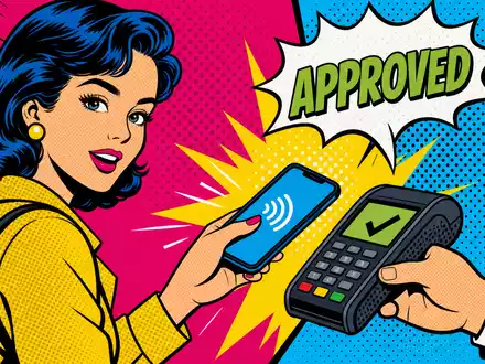 Global Payments US37940X1028 Pop Art Comic einer kontaktlosen Smartphone Zahlung mit APPROVED Sprechblase - Foto: THN