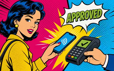 Global Payments US37940X1028 Pop Art Comic einer kontaktlosen Smartphone Zahlung mit APPROVED Sprechblase - Foto: THN