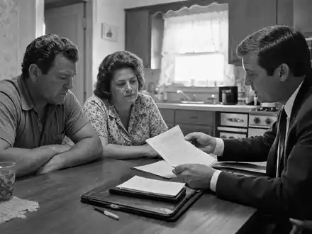 Globe Life Inc. Schwarzweiß-Reportage eines Versicherungsberaters beim Hausbesuch einer Familie, ISIN US37959E1029 - Foto: THN