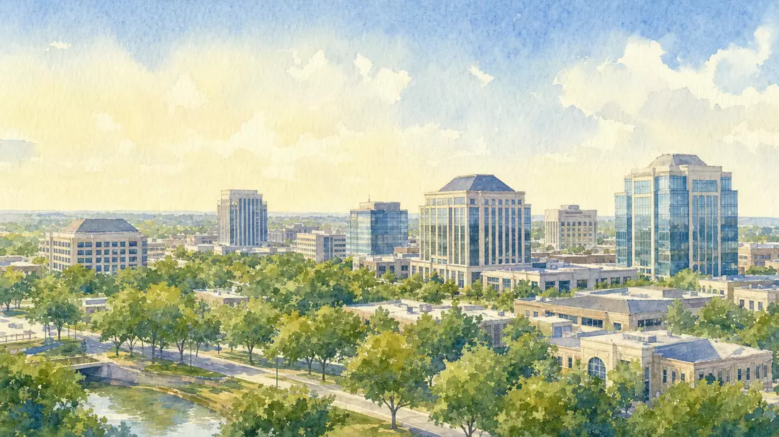 Aquarellmalerei des McKinney Texas Stadtpanoramas mit Unternehmensgebäuden in weichen Pastelltönen