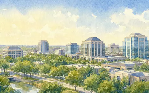 Globe Life Inc. Aquarell-Stadtpanorama des Firmensitzes in McKinney Texas im Morgenlicht, ISIN US37959E1029 - Foto: THN