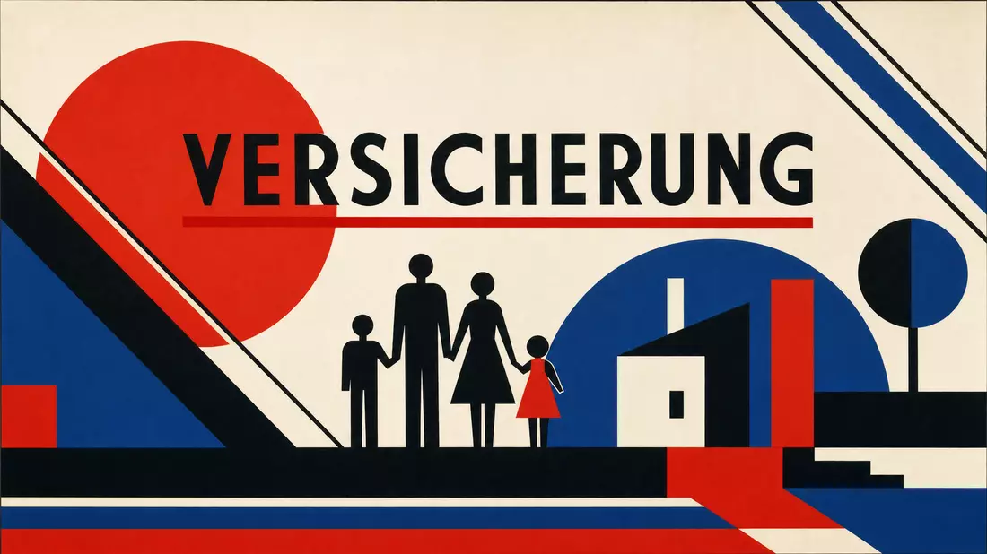 Geometrisches Bauhaus-Poster mit Text VERSICHERUNG, schwarzen Familiensilhouetten und Primärfarben