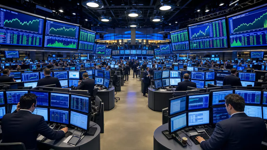 Börsen-Editorial des NYSE Trading-Floors mit Händlern an Workstations und leuchtenden Finanzcharts