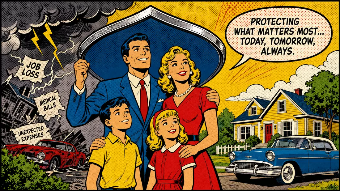 Pop-Art-Comic einer amerikanischen Familie die durch einen Schutzschild vor Lebensrisiken bewahrt wird