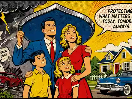 Globe Life Inc. Pop-Art-Comic zeigt amerikanische Familie unter einem Versicherungsschutzschild, ISIN US37959E1029 - Foto: THN