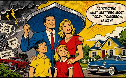 Globe Life Inc. Pop-Art-Comic zeigt amerikanische Familie unter einem Versicherungsschutzschild, ISIN US37959E1029 - Foto: THN