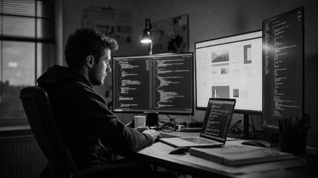 Schwarzweiß-Reportage eines Webentwicklers vor mehreren Monitoren mit Code