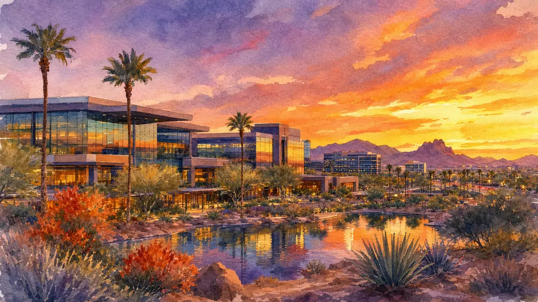 Aquarell-Gemälde der Skyline von Scottsdale Arizona bei Sonnenuntergang