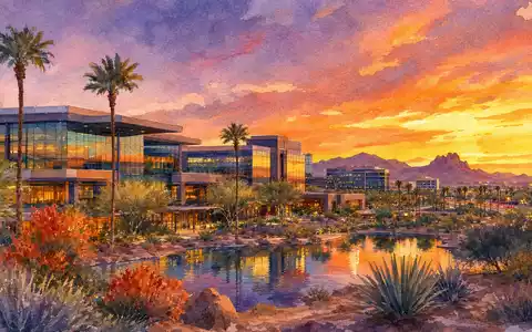 GoDaddy Inc. Hauptsitz in Scottsdale Arizona als farbiges Aquarell gemalt, ISIN US3802371076 - Foto: THN