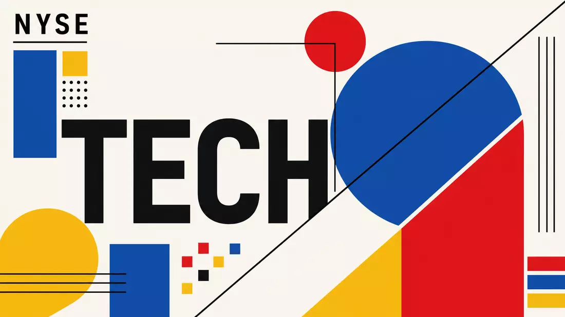 Bauhaus-Poster mit geometrischen Formen, TECH-Schriftzug und NYSE-Referenz