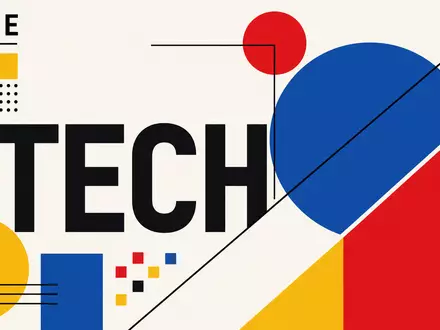 GoDaddy Inc. als Bauhaus Poster mit geometrischen Formen und TECH Text, ISIN US3802371076 - Foto: THN