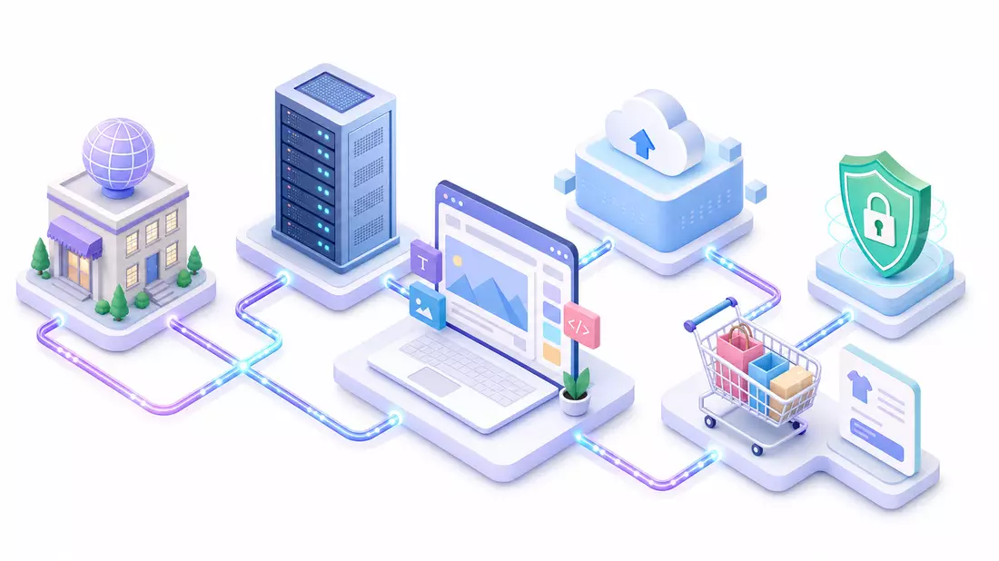 Isometrisches 3D-Diagramm zeigt Web-Hosting-Wertschöpfungskette mit vernetzten Modulen