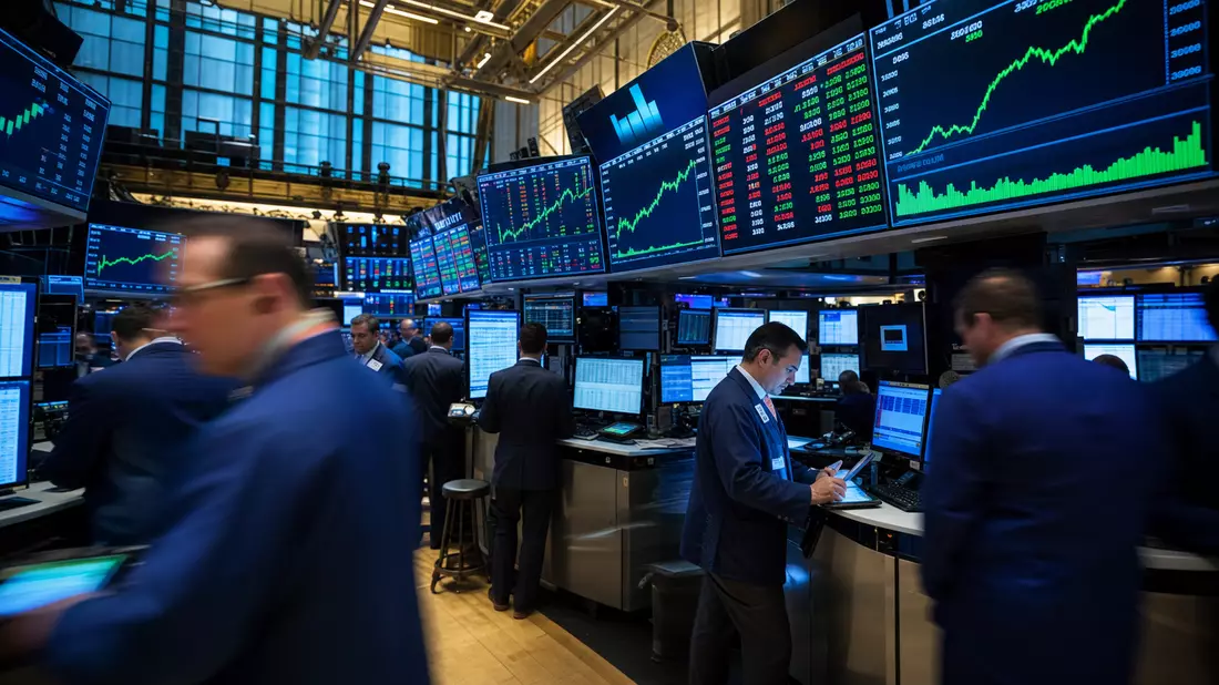 NYSE-Handelsparkett mit Händlern und Bildschirmen mit Technologie-Aktien-Charts