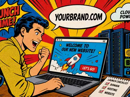 GoDaddy Inc. Pop Art Comic zeigt Website Launch mit Domain und Server, ISIN US3802371076 - Foto: THN