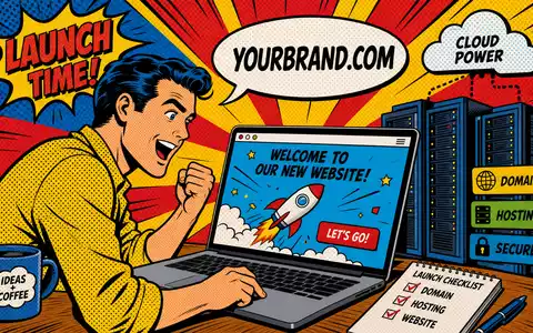 GoDaddy Inc. Pop Art Comic zeigt Website Launch mit Domain und Server, ISIN US3802371076 - Foto: THN