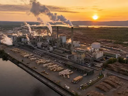 International Paper Zellstoffwerk US4601461035 bei goldenem Sonnenuntergang mit Holzlager und weißen Dampfwolken - Foto: THN
