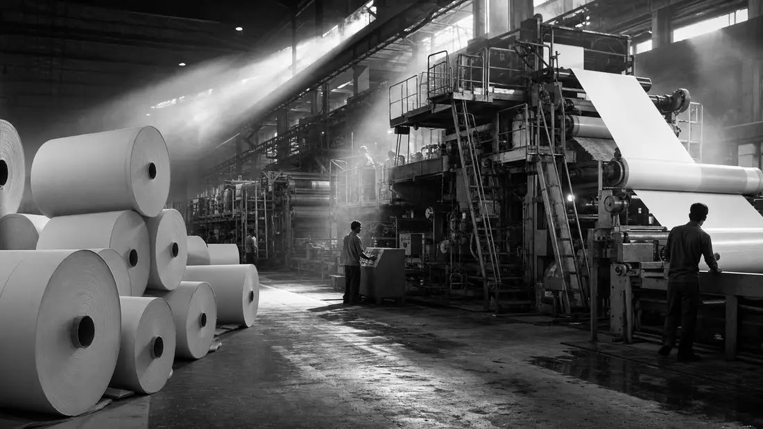 Schwarzweiß-Reportage von Arbeitern an großen Papierrollmaschinen in einer Fabrikhalle
