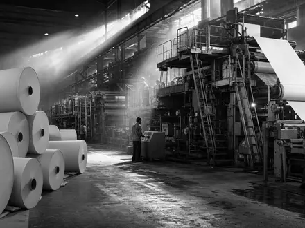 International Paper Fabrikhalle US4601461035 in Schwarz-Weiß dokumentarisch mit Arbeitern an großen Papiermaschinen - Foto: THN