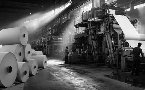 International Paper Fabrikhalle US4601461035 in Schwarz-Weiß dokumentarisch mit Arbeitern an großen Papiermaschinen - Foto: THN