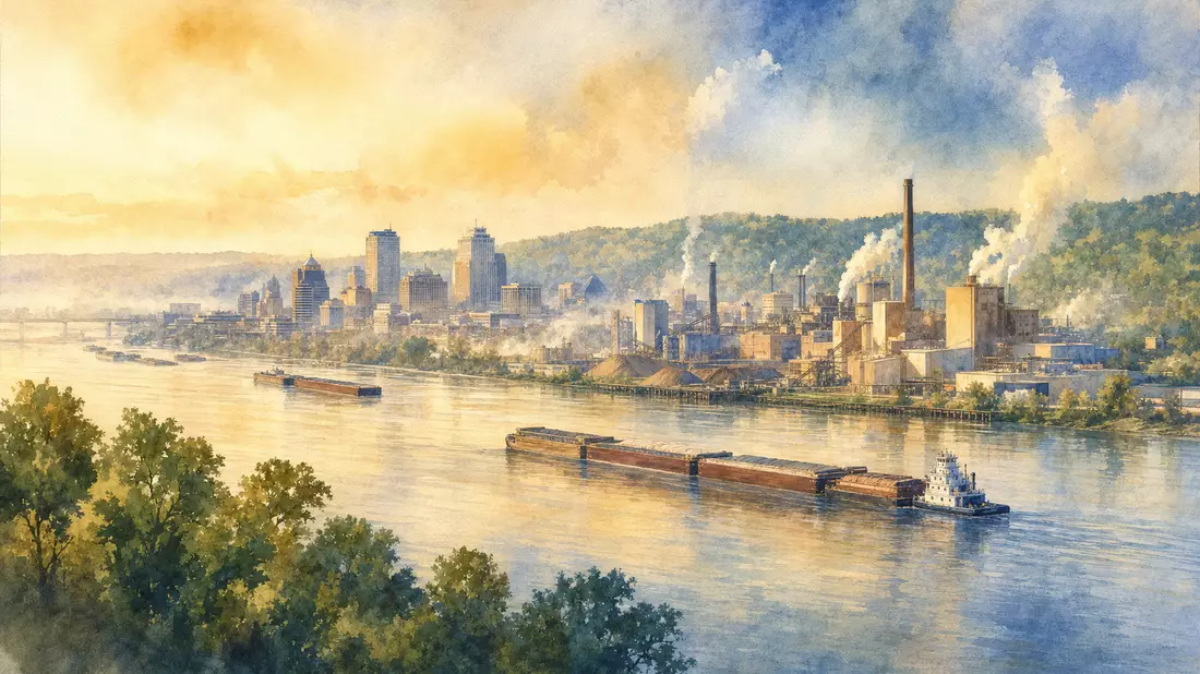 Aquarellmalerei einer Industriestadt am Fluss mit Papierfabrik und Schleppkähnen