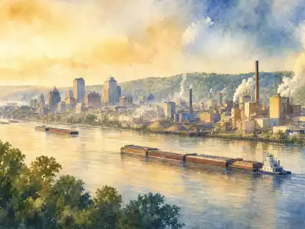 International Paper Aquarell US4601461035 zeigt eine breite Industriestadt am großen Fluss mit Lastkähnen - Foto: THN