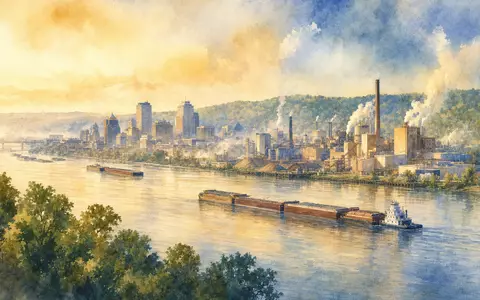 International Paper Aquarell US4601461035 zeigt eine breite Industriestadt am großen Fluss mit Lastkähnen - Foto: THN