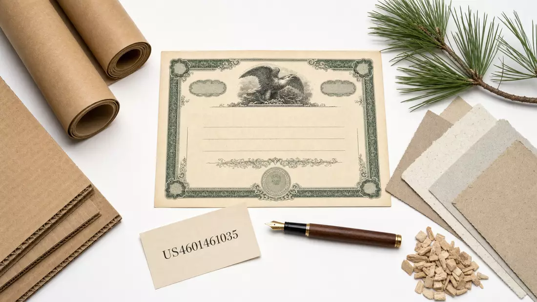 Draufsicht auf Aktienzertifikat, ISIN-Karte US4601461035, Kraftpapierrollen und Wellpappe