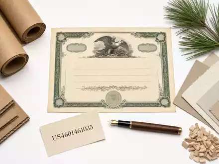 International Paper Flatlay US4601461035 zeigt Aktienzertifikat Kraftpapierrollen Wellpappe Füllfederhalter und grüne Kiefernnadeln - Foto: THN