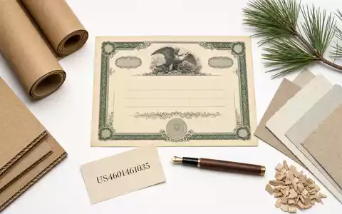 International Paper Flatlay US4601461035 zeigt Aktienzertifikat Kraftpapierrollen Wellpappe Füllfederhalter und grüne Kiefernnadeln - Foto: THN