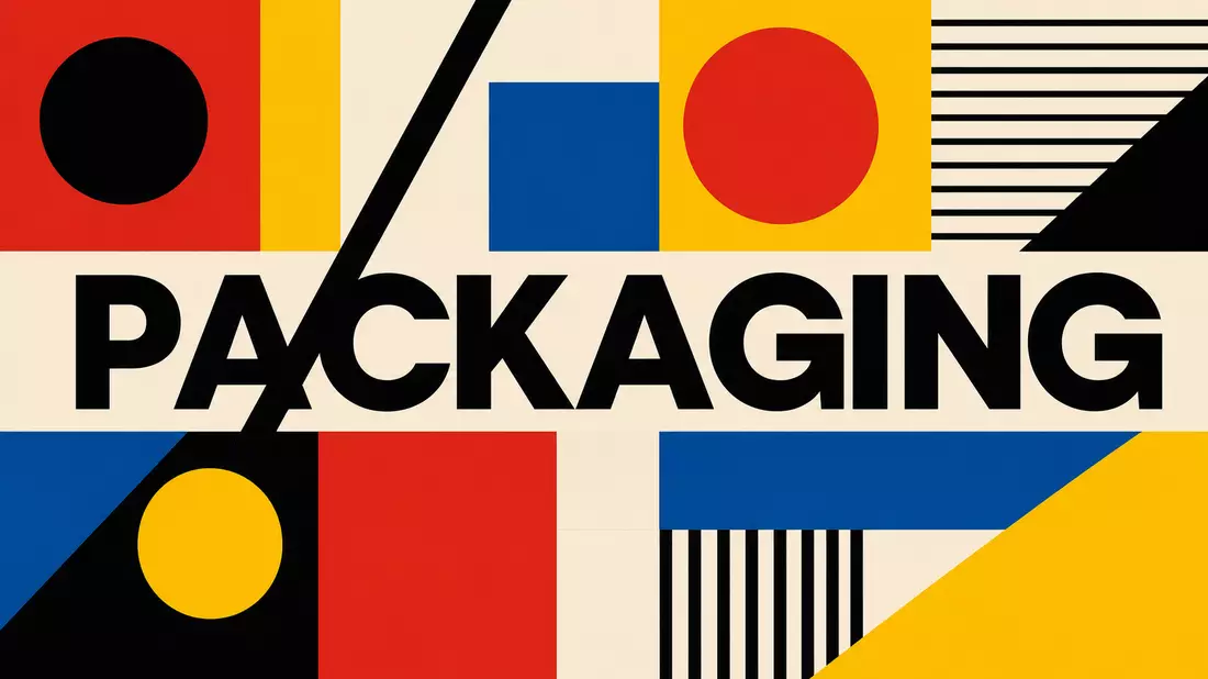Bauhaus-Poster mit geometrischen Formen in Primärfarben und großem Text PACKAGING
