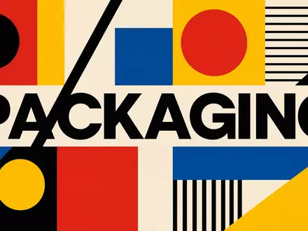 International Paper Bauhaus-Plakat US4601461035 mit geometrischen Formen und Sektor-Text PACKAGING in Primärfarben - Foto: THN